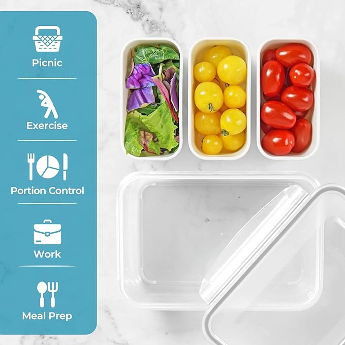 carrotez Food Storage Containers with 3 Removable Compartments, Food Prep Container with Airtight Lids, Portion Control Container, Microwave Safe, Reusable, 4.64 Cup (1100ml)