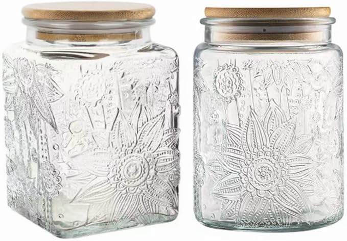 Vintage Glass Jar Canister, 25.3 OZ Glass Food Storage, Decorative Sunflower Jar for Coffee, Tea, Candy & Sugar