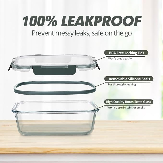 VERONES 24 Pieces Glass Food Storage Containers Set, Airtight Glass Lunch Containers, Glass Meal Prep Containers with Lids,Exclusive of BPA, for Microwave, Oven, Freezer & Dishwasher Friendly,Grey