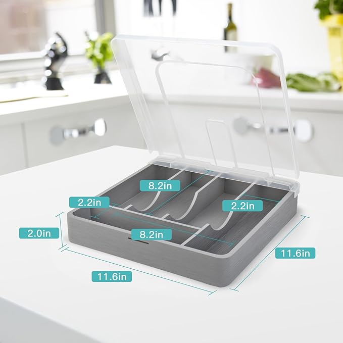 Utensil Holder for Countertop with Lid, Plastic Silverware Tray for Drawer, 5 Compartments Flatware Organizer, Gray