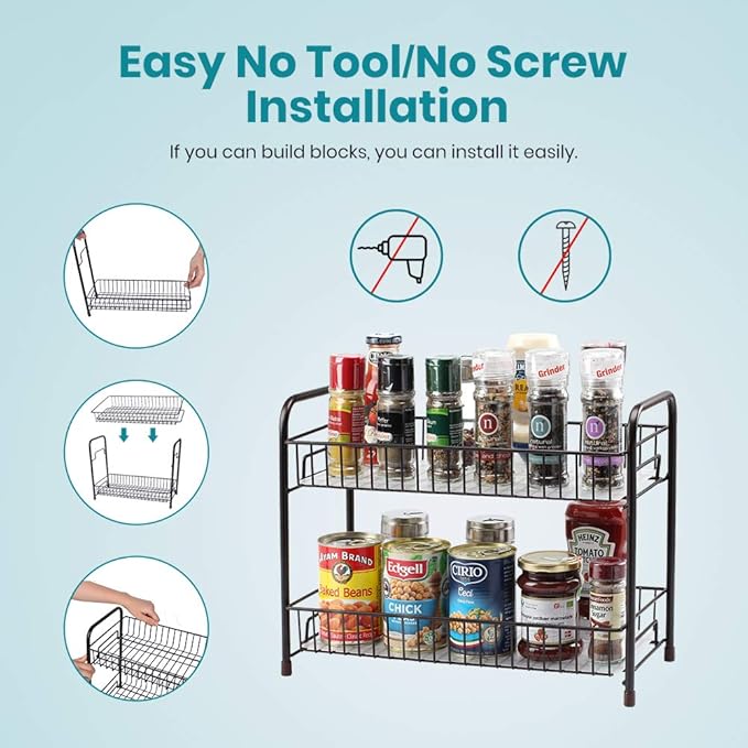 Spice Rack Organizer for Countertop 2 Tier Counter Shelf Standing Holder Storage for Kitchen Cabinet-Bronze