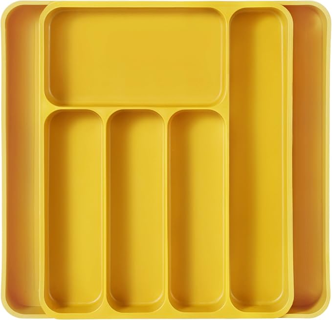 CAROTE Silverware Organizer for Spoons Forks Knives, Expandable Kitchen Drawer Organizer, BPA Free Adjustable Flatware and Cutlery Drawer Organizer, Large, Yellow