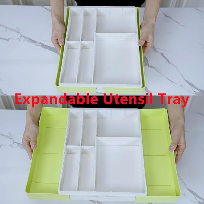 Fu Store Silverware Drawer Organizer DIY Customize Expandable Utensil Tray for Kitchen Upgraded Flatware Cutlery Holders Adjustable Plastic Tableware Storage for Spatula Spoons Forks Knives (Green)