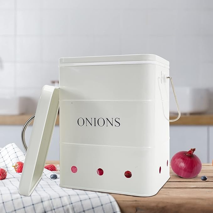 Onion Storage Bin, Metal Storage Tin for Onion, Kitchen Storage Canister with Aerating Tin Storage Holes - Kitchen Pantry Organizer Tin Vegetable Fresh Keeper (White)
