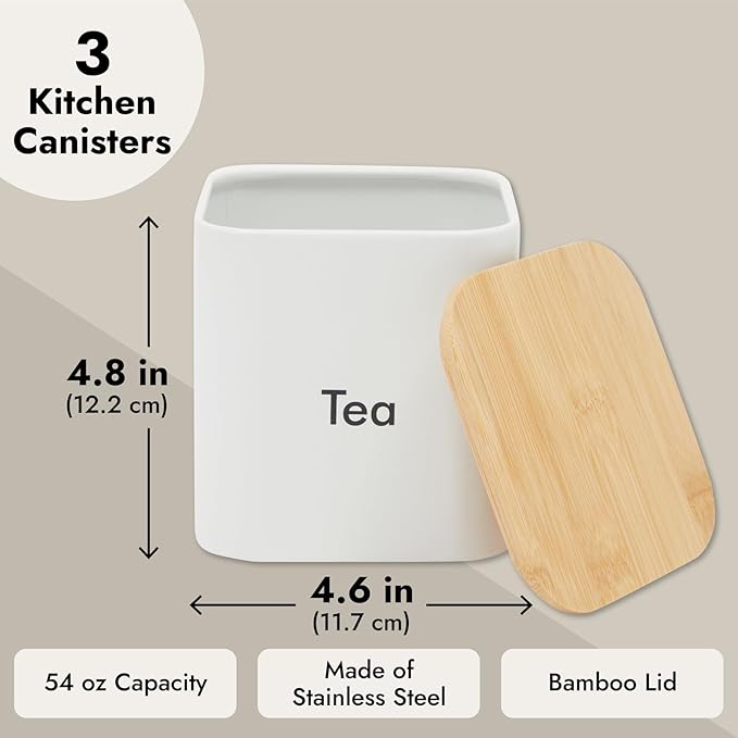 Juvale Coffee Tea Sugar Container Set - White Iron Kitchen Canister Set with Bamboo Lids (3 Pieces, 48 oz)