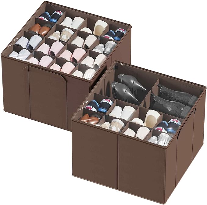 SpaceAid Shoe Organizer for Closet, 2 Pack Foldable Shoe Storage Containers Baskets Boxes Bins w/Adjustable Dividers, Fits 16-32 Pairs, Brown