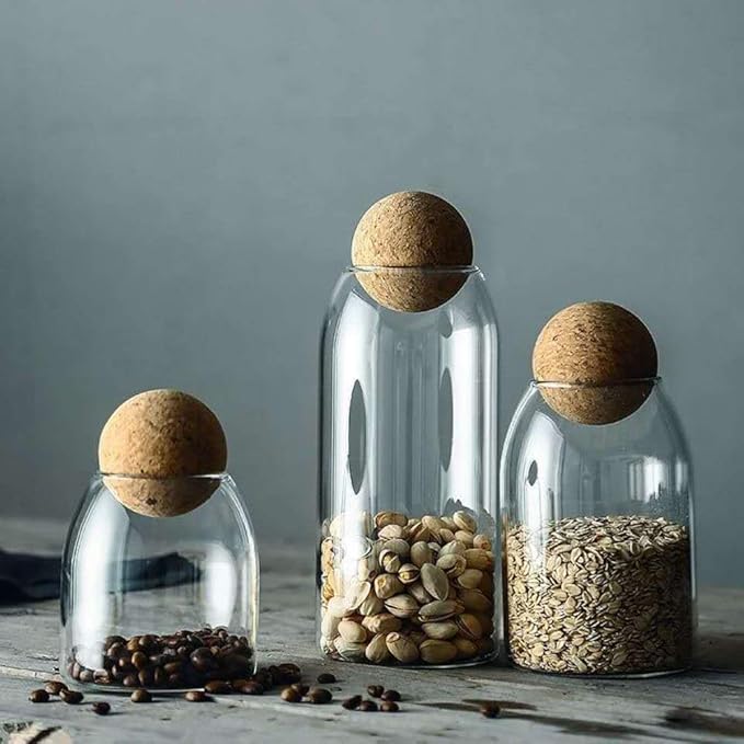 1200ML/40Oz Clear Glass Storage Cute Canister Holder Ball Wood Cork Top, Modern Decorative Cylinder Container Jar with Round Lid for Coffee, Spice, Candy, Salt, Cookie Cool Terrarium Bottle