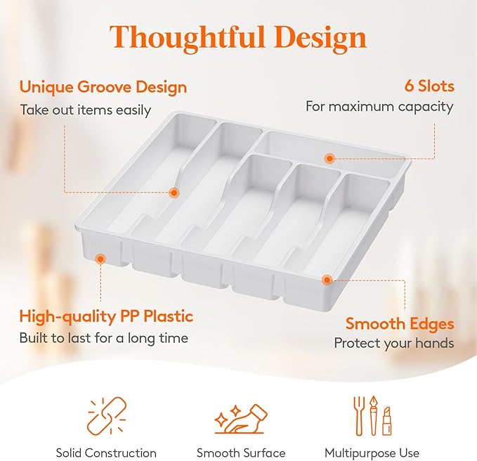 Lifewit Silverware Drawer Organizer Tray, Plastic Cutlery Storage for Kitchen Drawer, Flatware and Utensil Holder Divider for Spoons Forks Knives Tableware, 6 Compartment, White