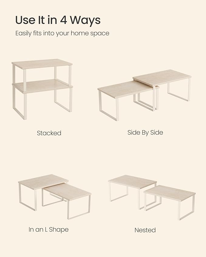 SONGMICS Cabinet Organizer Shelf, Set of 2 Kitchen Counter Shelves, Kitchen Storage, Spice Rack, Stackable, Expandable, Metal and Engineered Wood, Travertine Beige and Cream White UKCS020L01