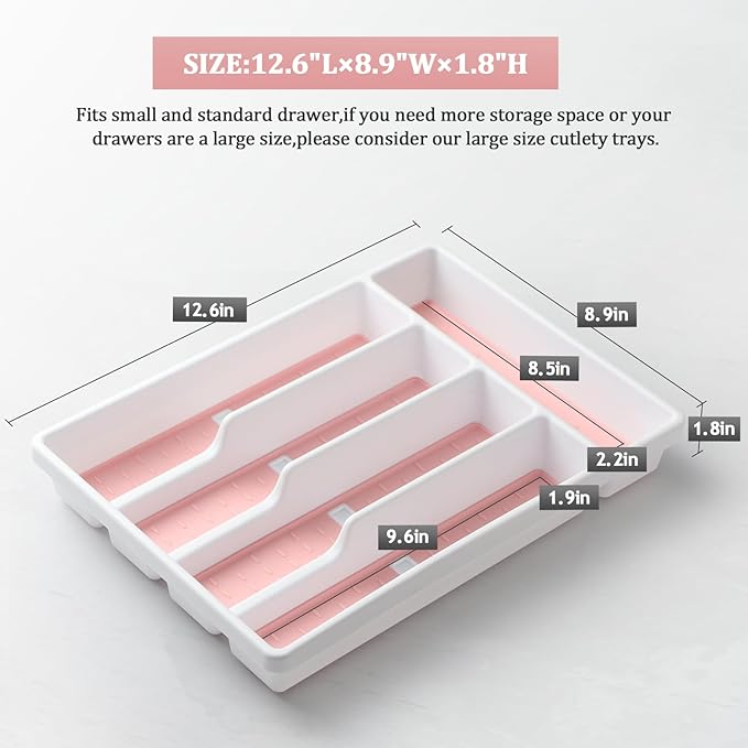Silverware Organizer with Cutlery Icons,Silverware Tray for Kitchen Drawer,Flatware Tableware Cultery Drawer Organizer Utensil Organizer with Non-slip TPR Linings,Pink Kitchen Organization Essentials