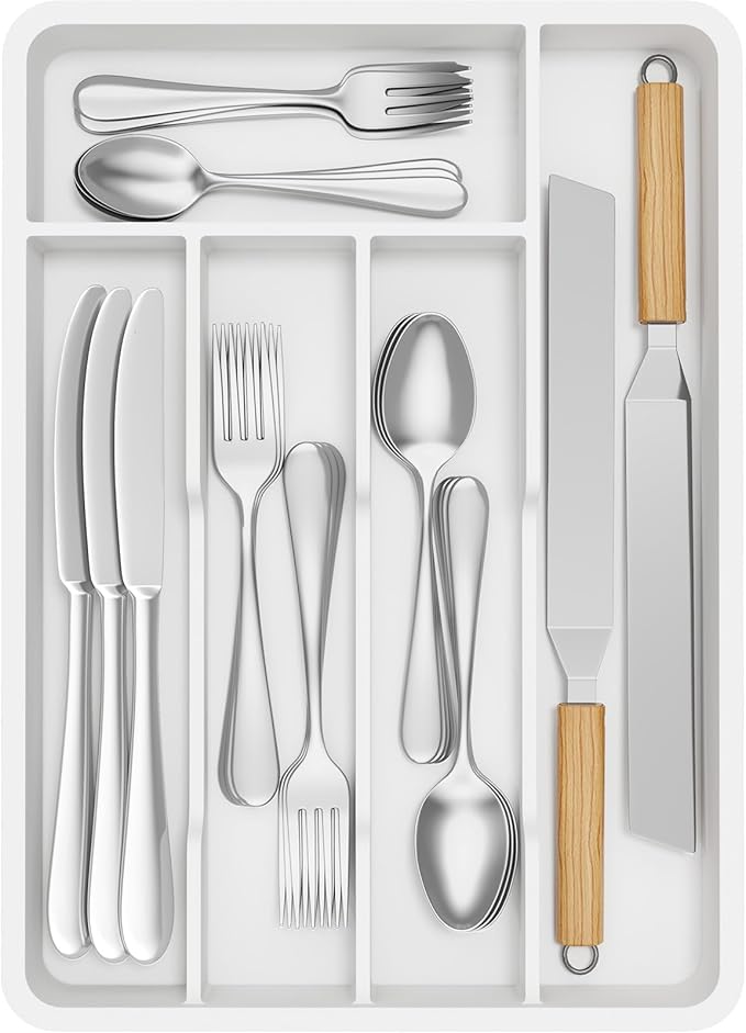 Lifewit Silverware Tray, Deep Wide Cutlery Drawer Organizer Storage for Kitchen, Plastic Flatware Utensil Holder Divider for Spoons Forks Knives Tableware, 5 Compartment, White