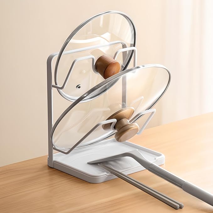 Pot Lid Holder, 2 Tier Pan Lid Holders While Cooking, Lid and Spoon Rest for Kitchen Counter, Pot Lid Organizer Stand with Drip Tray, Pot Lid Rack Kitchen Utensil Holder Rest, White