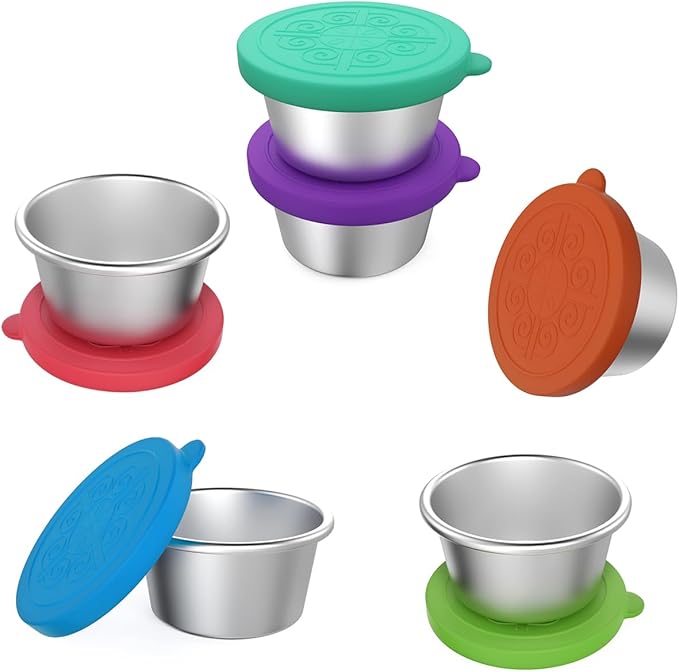 18 Pack Salad Dressing Container To Go 2.4oz Small Condiment Containers with Leakproof Silicone Lids Reusable Stainless Steel Sauce Cups for Office Lunch Bento Box Picnic Meal Prep Travel Party