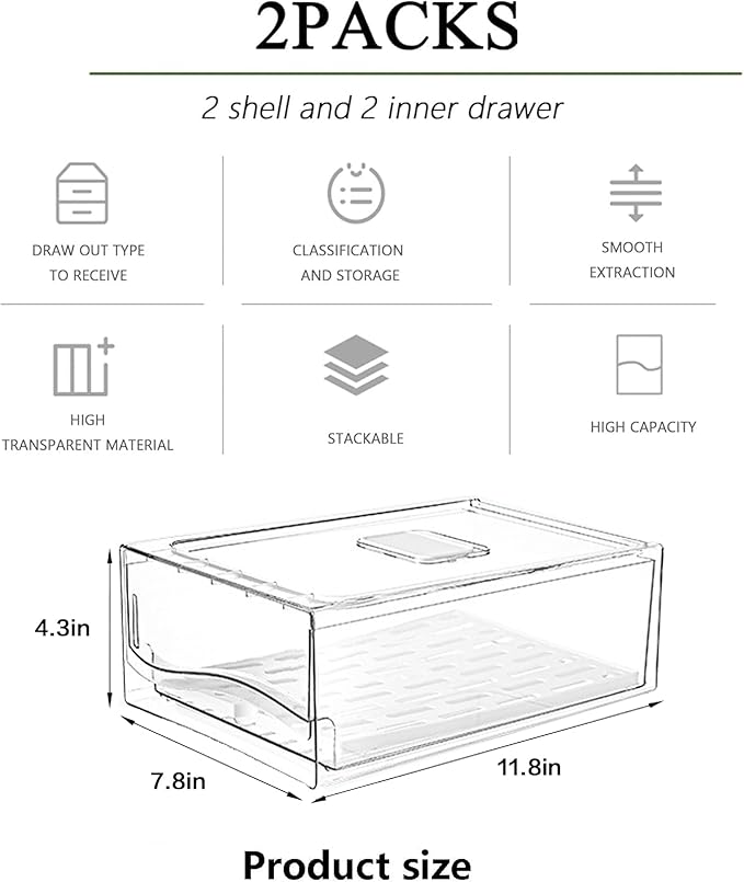 2 Pack Refrigerator Organizers and Storage with Drain Board, Stackable Fridge Organizer Clear for Produce Fruit Food, Drinks, Meat,Vegetable Storage in Barbecue Shop, Restaurant,,BPA Free