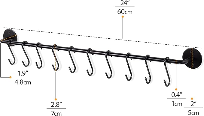Wallniture Cucina 24" Gourmet Kitchen Rail Wall Mount Kitchen Utensil Holder with 10 S Hooks for Hanging Pots and Pans Set of 2, Black