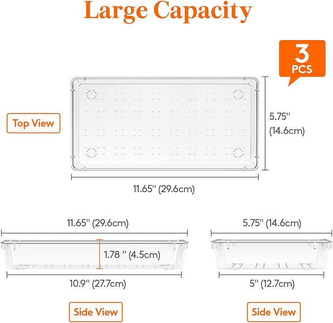 Lifewit Silverware Drawer Organizer, 5.75" x 11.65" Clear Utensil Tray for Kitchen Drawer, Stackable Plastic Flatware and Cutlery Storage Box Divider for Spoons Forks Knives Tools, 3 Pack
