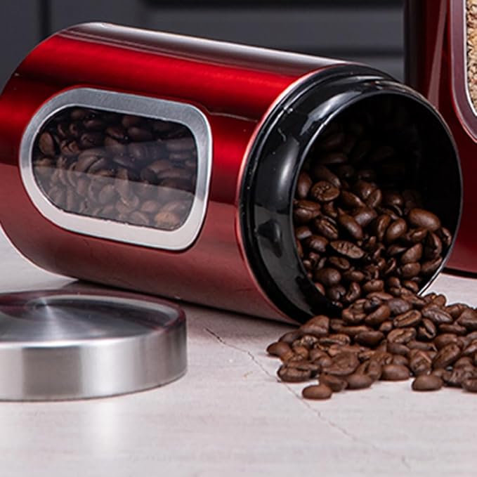 Transparent Red Canisters Sets of 3 Pieces For The Kitchen,0.9/1.6/2.9 Quarts Stainless Steel Coffee Sugar Tea Candy Storage Jars with Window for Home Kitchen Decoration and Accessories