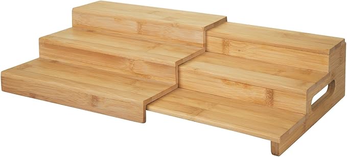 mDesign Bamboo Adjustable, Expandable Spice Rack Organizer with 3 Levels Storage for Kitchen Cabinet, Countertop, Pantry Shelf - Holds Spice Jars - Echo Collection - Natural