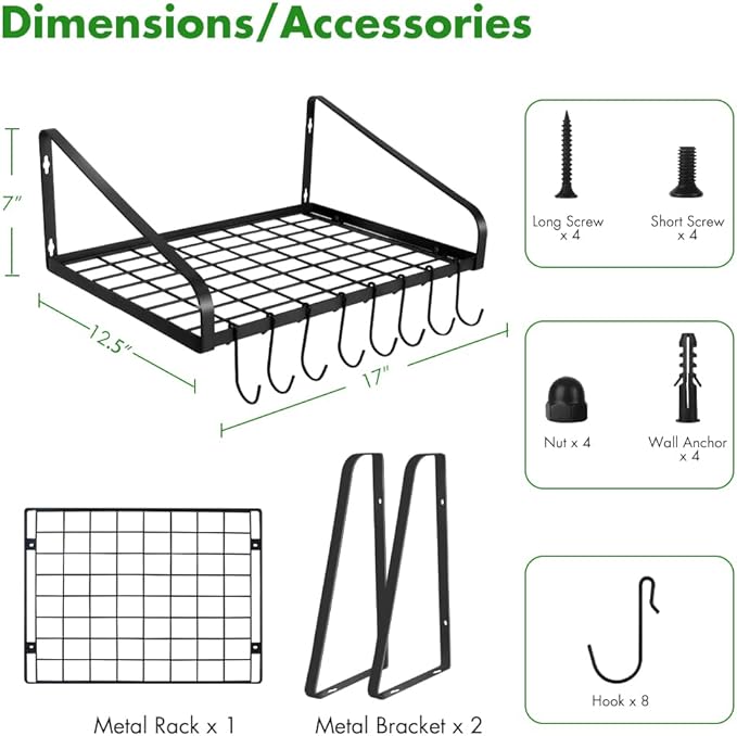 Hanging Pots & Pans Rack,Wall Mounted Pots Pans Organizer Holder Rack with 8 Hooks, Kitchen Wall Storage Organizer Hanger Shelves for Pans Set, Utensils, Cookware, Books, Household,Black