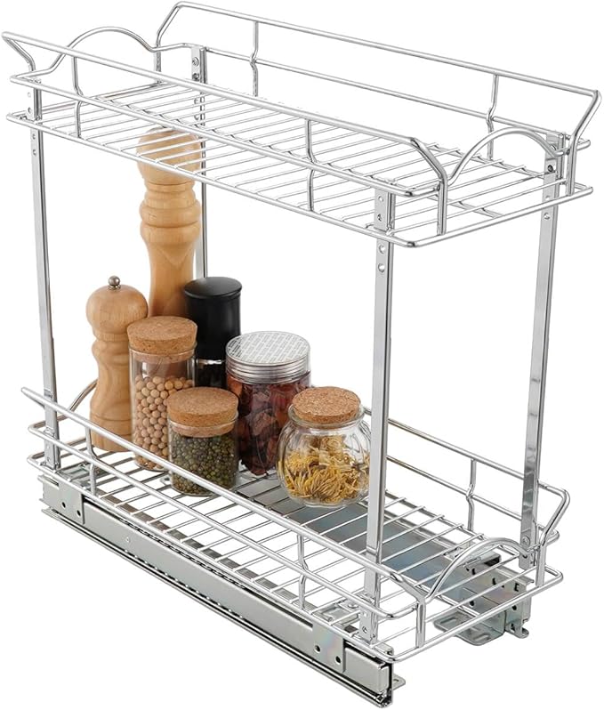 OCG Slide Out Cabinet Organizer for Narrow Cabinet (5" W X 21" D), 2 Tier Pull Out Shelves Slim Sliding Cabinet Organizer and Storage, Chrome