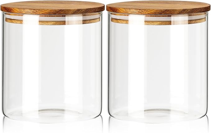 Labina Glass Storage Container Airtight Food Jars Kitchen Canister with Wood Lids, 71 Oz Wide Mouth Pantry Organization Glass Jar for Flour, Sugar, Cookie, Spagetti, Nuts and Candy (2 Pack)