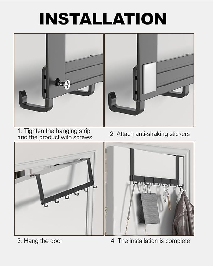 2 Pack Over The Door Hooks, Sturdy Door Hanger, Large Over The Door Towel Rack with 6 Hooks, Heavy Duty Easy to Install, for Bathroom, Bedroom,Kitchen,Hanging Towels, Coats (Black).