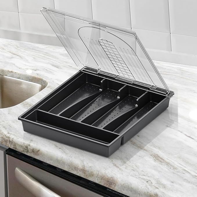 Kitchen Utensil Organizer Holder for Countertop with Removable Lid, Plastic 13 Inch Silverware Tray for Drawer,5 Compartments/Slots Total Flatware Organizer,Portable Cutlery Knives,Forks,Spoons Black