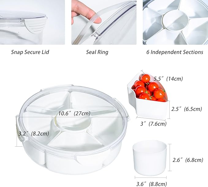 2 Pack Veggie Tray with Lid for Fridge, Clear Divided Serving Tray with Dip Snackle Box Container 6-Compartment Snack Storage for Party, Reusable Dinner Fruit Platter for Refrigerator Organizer Bins