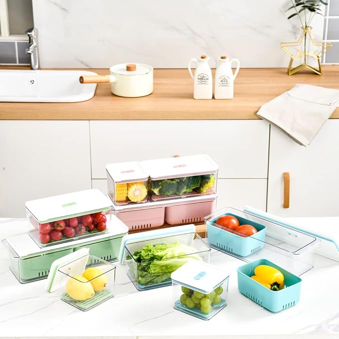 Lille Home Stackable Produce Saver, Organizer Bins/Storage Containers with Removable Drain Tray, Set of Six, for Refrigerators, Cabinets, Countertops and Pantry, BPA Free (Blue,Set of Six)
