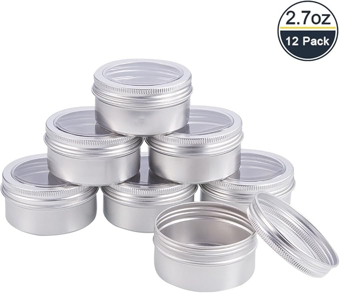 BENECREAT 12 Pack 2.7 OZ Tin Cans Screw Top Round Aluminum Cans Screw Lid Containers with Clear Window - Great for Store Spices, Candies, Tea or Gift Giving (Platinum)