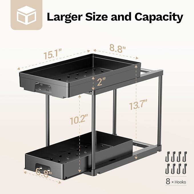 2 Pack Under Sink Organizers and Storage, Double Sliding Kitchen Bathroom Cabinet Organizer, 2 Tier Under Sink Storage for Kitchen Bathroom, Black Under Cabinet Organizer with Hooks