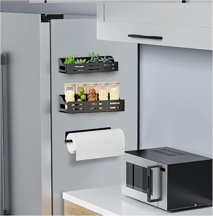 Carwiner 3 Pack Magnetic Spice Rack for Refrigerator with Paper Towel Holder, Magnetic Refrigerator Organizer, Strong Magnetic Fridge Shelf, Rustproof Side Fridge Storage Rack for Kitchen
