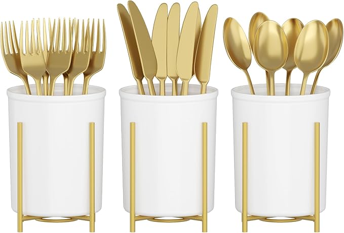 Lifewit 3-Pack Plastic Silverware Holder for Kitchen Countertop, Cutlery Flatware Caddy with Metal Brackets, Utensil Spoon Fork knives Organizer for Party Picnic, Gold