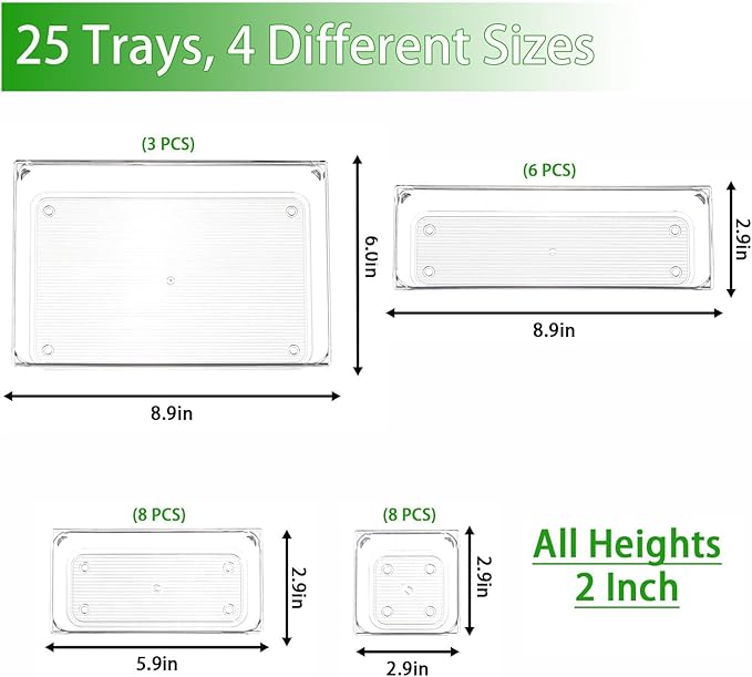 25 Pcs Clear Plastic Drawer Organizer Set,4 Sizes Small Organizer Bins for Bathroom,Office,Kitchen Cabinet and Vanity Organizers for Jewelry,Cosmetic,Gadgets Utensil In Drawer Organizer Trays