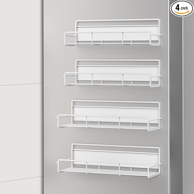4 Pack Magnetic Spice Rack Organizer for Refrigerator and Microwave Oven, Metal Fridge Shelf for Kitchen, White