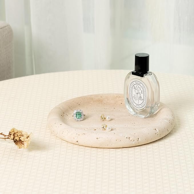 Koville Italian Round Travertine Tray, 8" Vanity Decorative Marble Tray for Countertop, Catchall for Perfume, Candles, Jewelry Dish