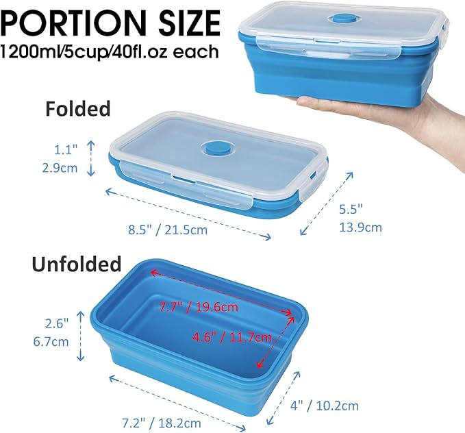 Collapsible Food Storage Containers with Lids, 4 Pack, 40 oz Silicone 1-Compartment Meal Prep Containers Reusable, Lunch Bento Boxes for Adults, Microwave Freezer Dishwasher Safe, BPA-Free, Blue