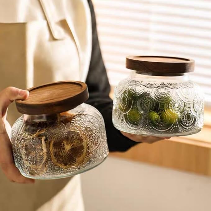 Vintage Glass Jar with Solid Wood Lid, 25.4 FL OZ Glass Food Storage Jar Sugar Container, Candy Coffee Tea Nut Decorated Glass Jar, transparent, SE-semicircle-750
