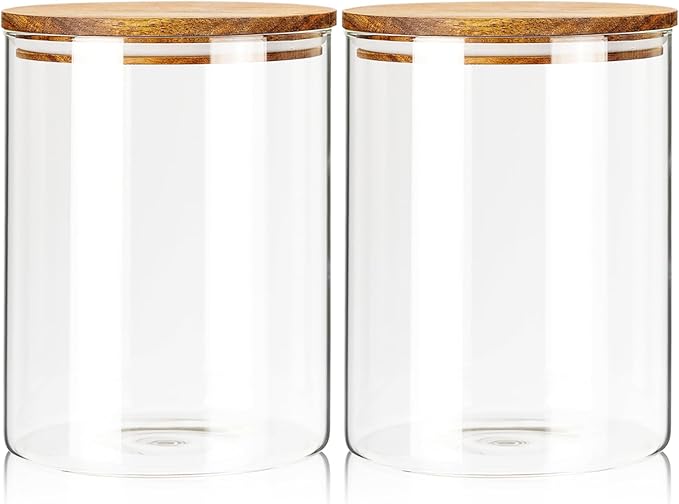 Labina Glass Storage Container Airtight Food Jars Kitchen Canister with Wood Lids, 94 Oz Wide Mouth Pantry Organization Glass Jar for Flour, Sugar, Cookie, Spagetti, Nuts and Candy (2 Pack)