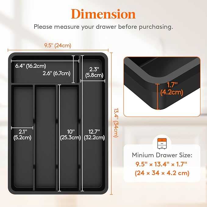 Lifewit Silverware Tray, Deep Wide Cutlery Drawer Organizer Storage for Kitchen, Plastic Flatware Utensil Holder Divider for Spoons Forks Knives Tableware, 5 Compartment, Black