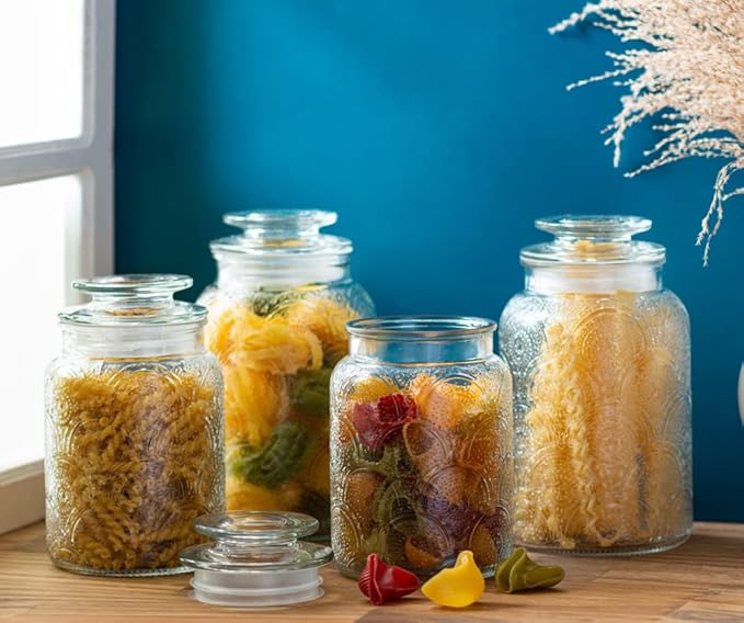 4pc Vintage Glass Canister Set with Airtight Lids - For Kitchen Food Storage and Organization