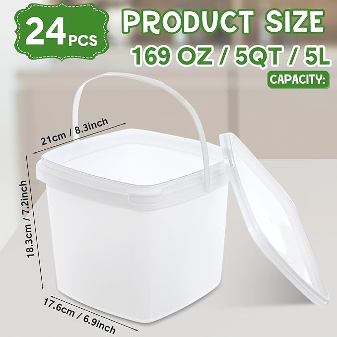 Mifoci 24 Pcs Plastic Food Containers Ice Cream Buckets with Lids and Handle Reusable Square Deli Containers Freezer and Microwave Safe for Kitchen Food Drinks Storage(169 Oz / 4.4 Qt / 1.3 Gallon)