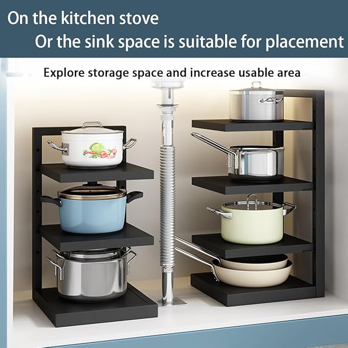 Adjustable 3-4 Tier Pots and Pans Organizer Rack - Heavy Duty 21” Cabinet Storage Solution for Kitchen, Snap-on Pan Organizer with Panels (Three Layers)