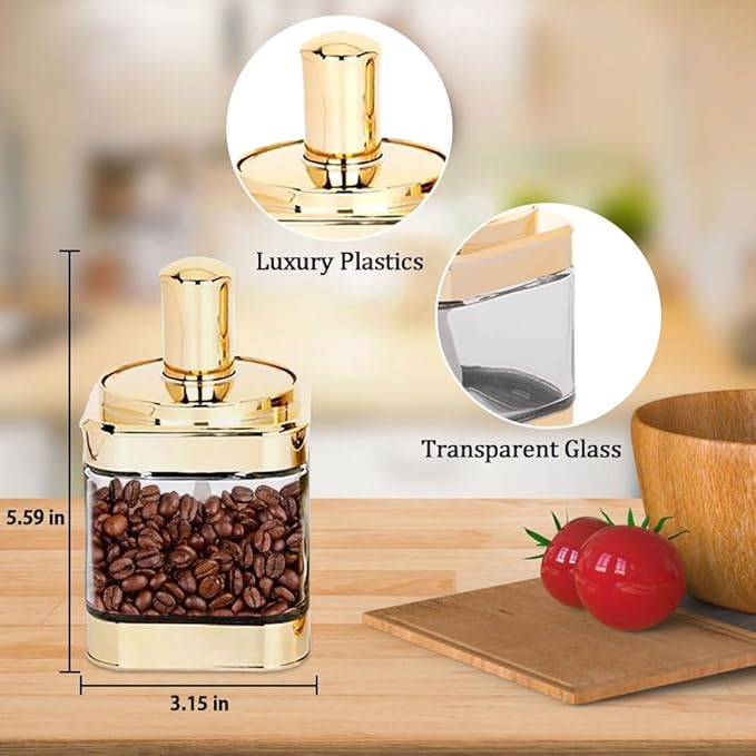 Glass Condiment Spice Jars, 2PC Container with Lids and Spoons, Sugar Bowls Seasoning Box Set, Best Spice jar for Your Home, Kitchen, Counter (Gold(11oz/320 ml))