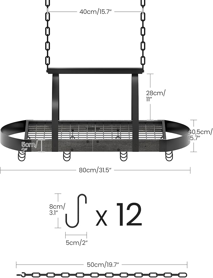 Hanging Pot Rack, Pot Hanger for Kitchen, Ceiling Mounted Pot Holder, Cookware Organizer with 12 S-Shaped Hooks, for Pot, Pan Storage, Space-Saving, Charcoal Black and Black TPR08BCC1