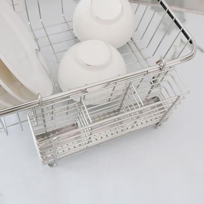 Utensil Holder, 304 Stainless Steel Rust Free Cutlery Utensil Holder, 3 Divided Compartments Silverware Organizer Rack, with Hooks Removable Drying Rack for Kitchen Organization(Silver)