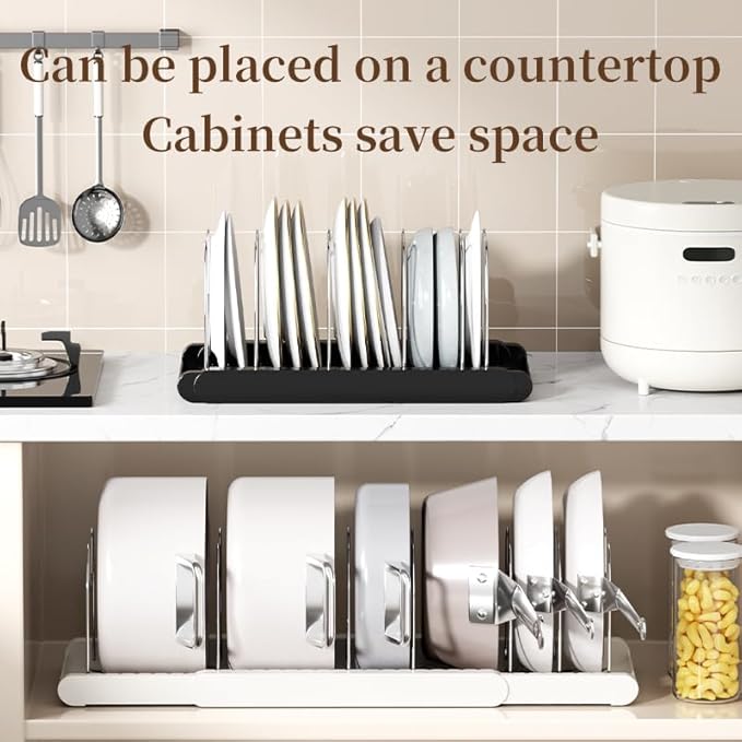 Pot Rack -Expandable Pan Organizer for Cabinet,Pot Lid Holder with 7 Adjustable Compartment for Kitchen Cabinet Cookware Baking Frying Rack,Apricot