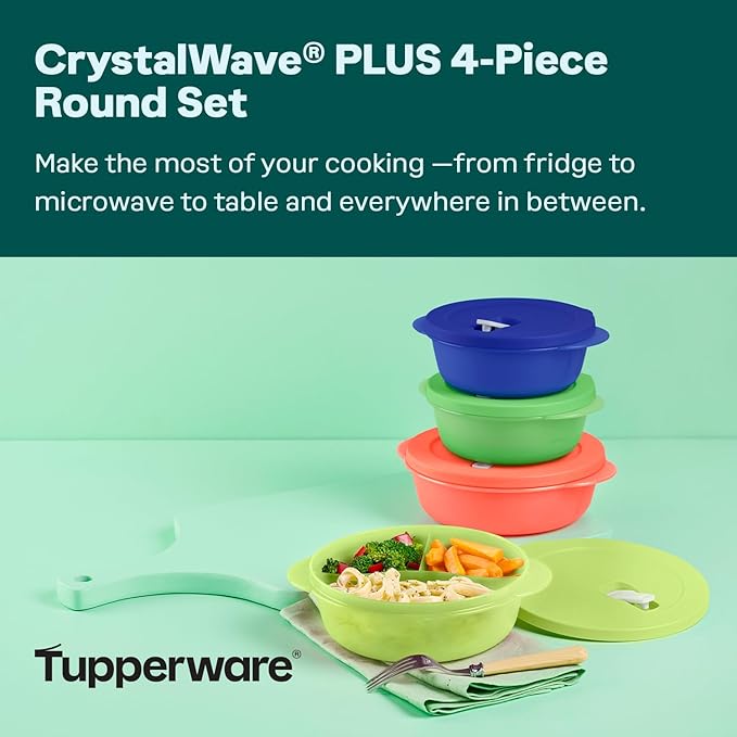 Tupperware CrystalWave PLUS 4 Piece Round Food Storage Container Set in Multi Colors, Dishwasher Safe and BPA Free (4 Bowls, 4 Lids)
