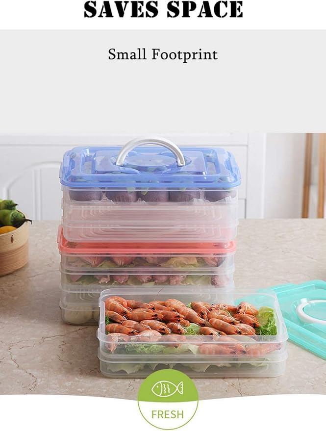 Refrigerator Organizer Bin, Plastic Food Storage Containers with Lid, 3-Layer, BPA free, Stackable Food Organizer Keeper for Snack, Vegetables, Meat, Fish, Bacon (blue)