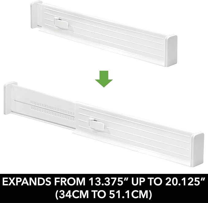 mDesign Expandable Kitchen Drawer Divider with Foam Ends, Adjustable Drawer Dividers with Strong Secure Hold, Dividers Lock in Place to Organize Drawers - Ligne Collection - 8 Pack - White